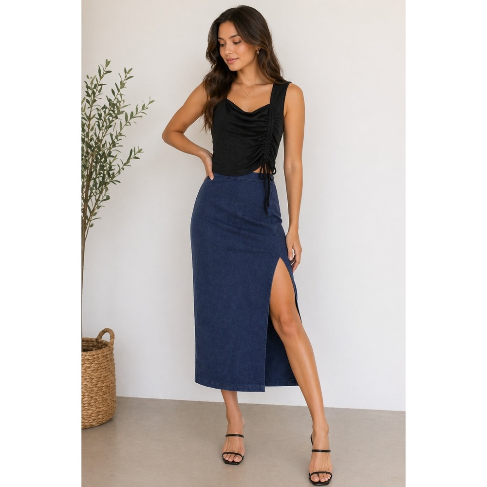 Lulus Dark Wash Denim High Waisted Midi Skirt with Side Slit Size Large NEW